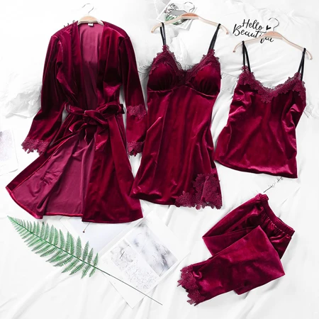 Jerrinut 4PCS Gold Velvet Pyjamas Set Women Nightdress Sleepwear Sexy Lace Pajamas Sleepwear Long Sleeve Nightgown Home Suit - Цвет: wine red