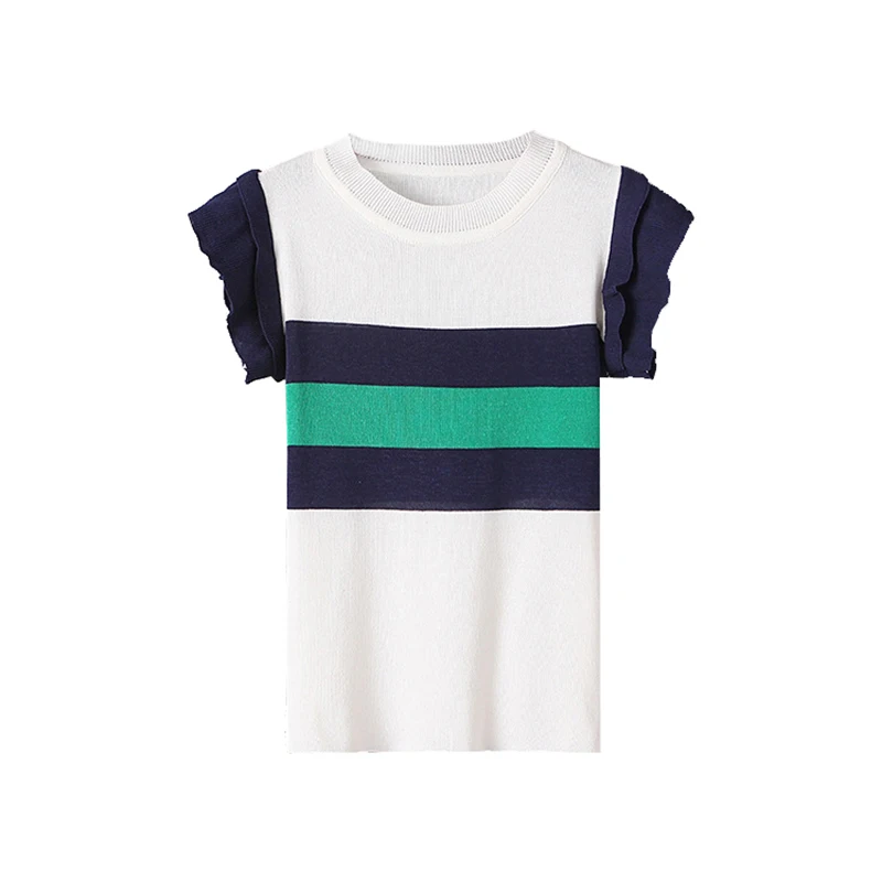 

Pantalon Striped butterfly sleeve t shirt women Knitted o neck white tshirt women camiseta mujer harajuku magliette donna