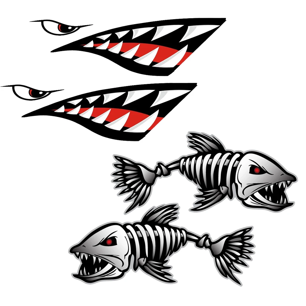 Shark Mouth Decals & Skeleton Fish Stickers Ocean Boat Kayak Rowing Boats Canoe Decals Self adhesive Vinyl Stickers 