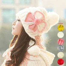 Charming Women Lovely Flower Knitted Cap Winter Warm Hat Earmuffs Cotton Bonnet Skullies Beanies Hats JL