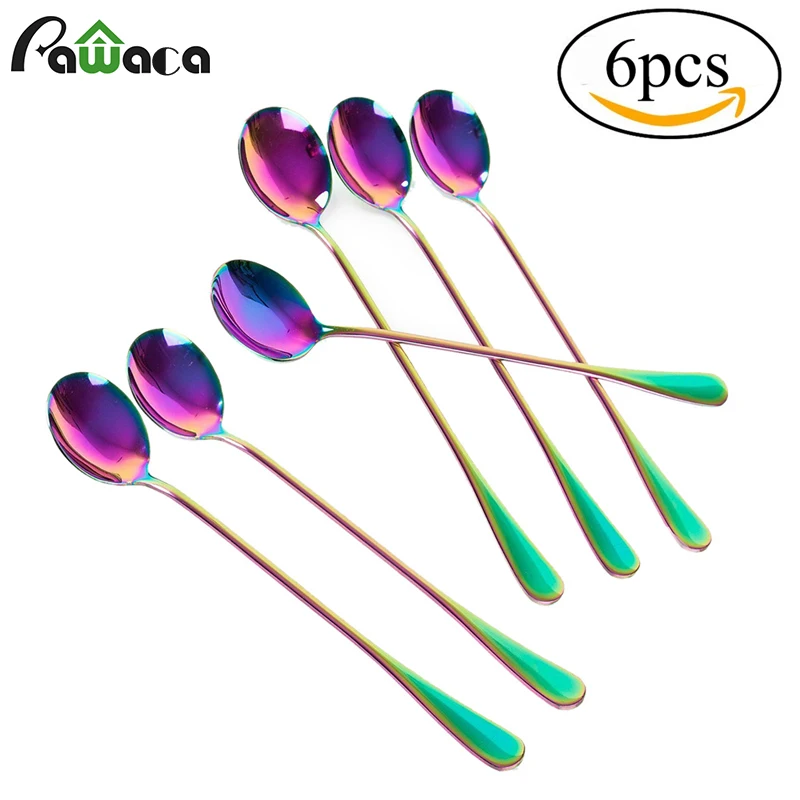 Clearance Sale Jiayit Colorful Spoon Long Handle Spoons Flatware Coffee Drinking Tools Kitchen Gadget Black Stainless Steel Colorful Rainbow Tea Spoons 