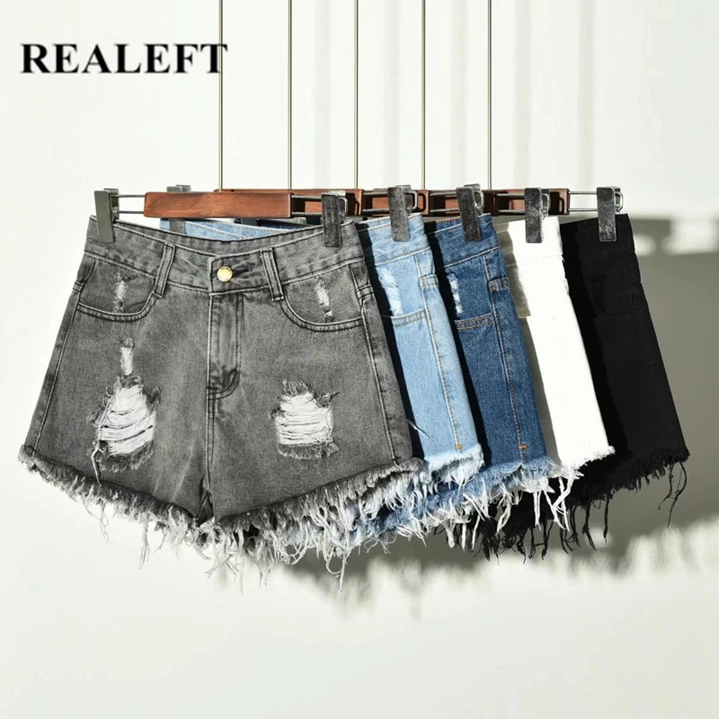 

REALEFT Summer New Arrival Women Fashion Hot Denim Ripped Shorts Irregular Hole High Waist Black White Jeans Tassel Plus Size
