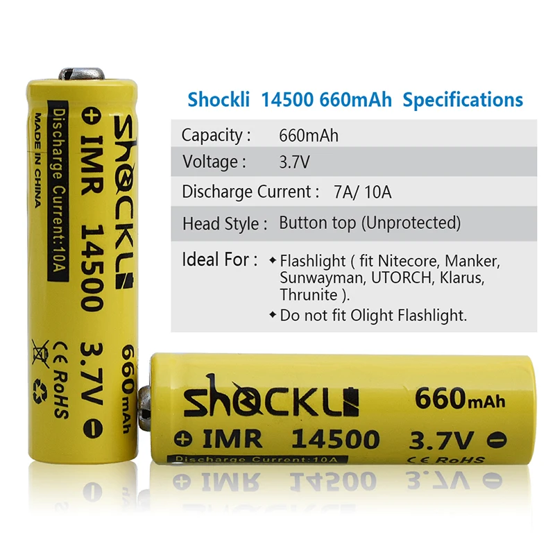 Shockli 14500 AA батарея 3,7 V 660mAh реальная емкость литий-ионная аккумуляторная батарея+ батарейный блок для светодиодных фонарей налобных игрушек