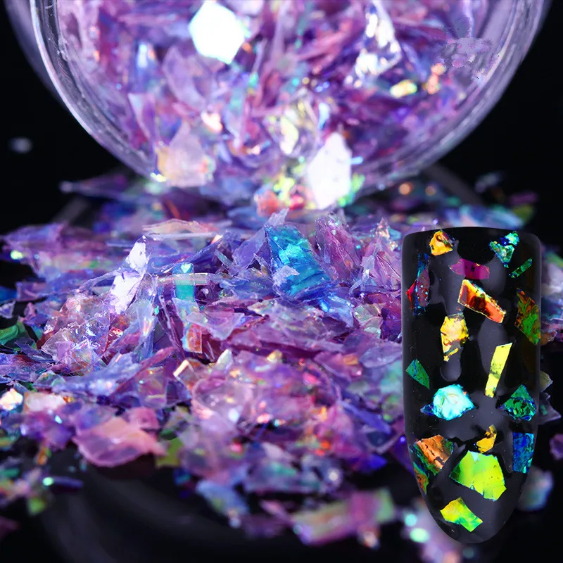 

1Box 0.9g Nail Flakies Irregular Paillette Fluorescent Glass Paper Purple Green Blue White Nail Art Glitter Sequins Flakes