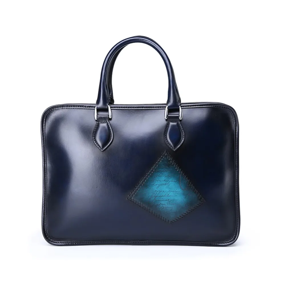 

TERSE_Mens luxury patch briefcase handmade leather tote bag blue color commute custom logo service real leather bag for mans
