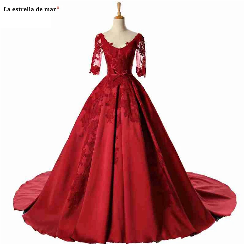 

Abiye gece elbisesi2019 new lace satin half sleeve A Line red turkish evening dresses long abendkleider real photo prom gown