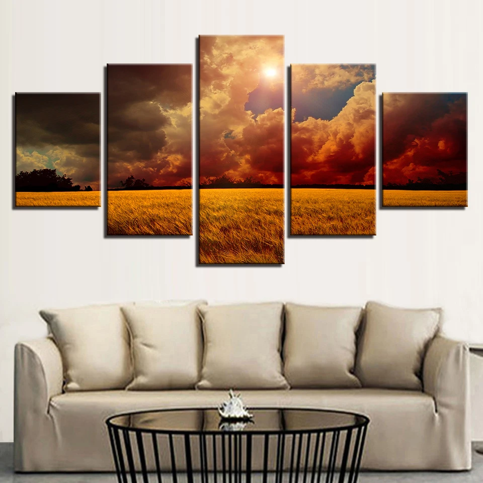 

Decor Home Bedroom Canvas Painting Modern Printing 5 Pieces Grassland Natural Scenery Sunshine Modular Pictures Posters Wall Art