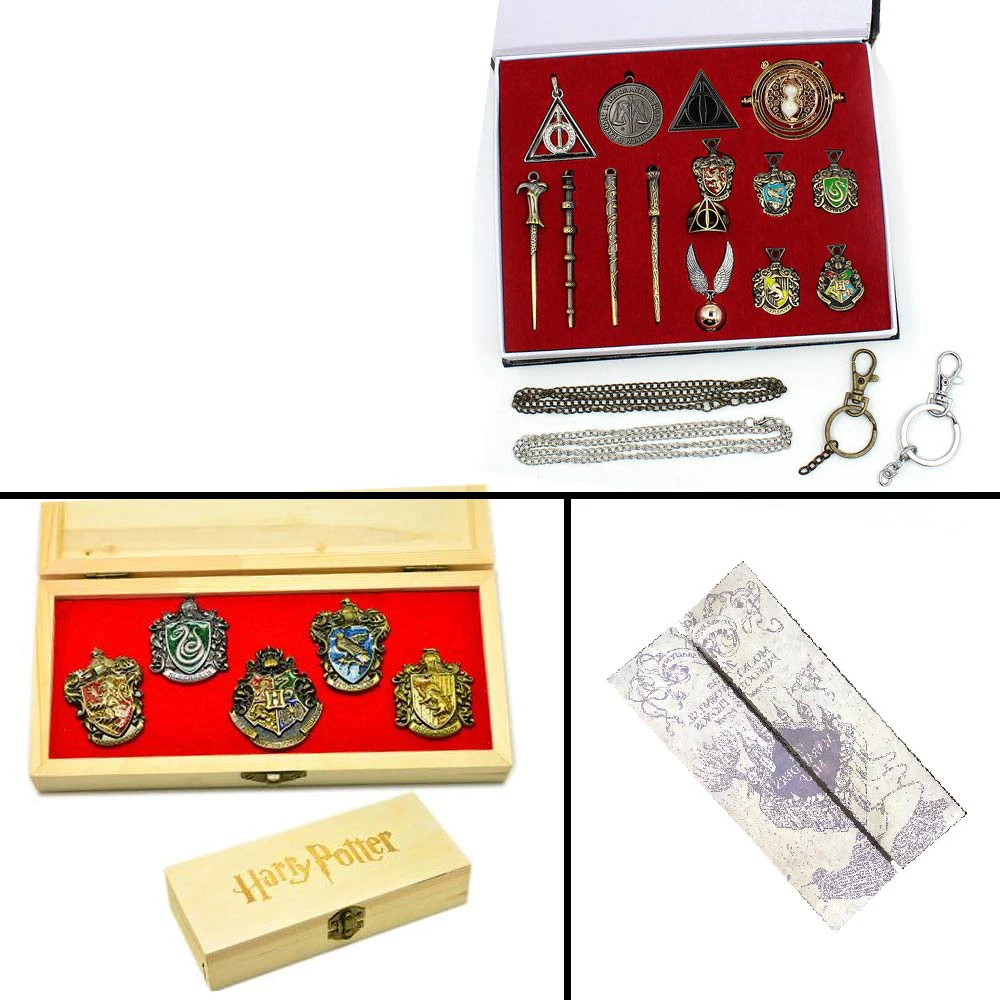 

Wellcomics Harri Potter Hogwarts Gryffindor Wands Pendants Pins Necklace+Keychain+Box Marauder's Map Cosplay Collection Prop Set