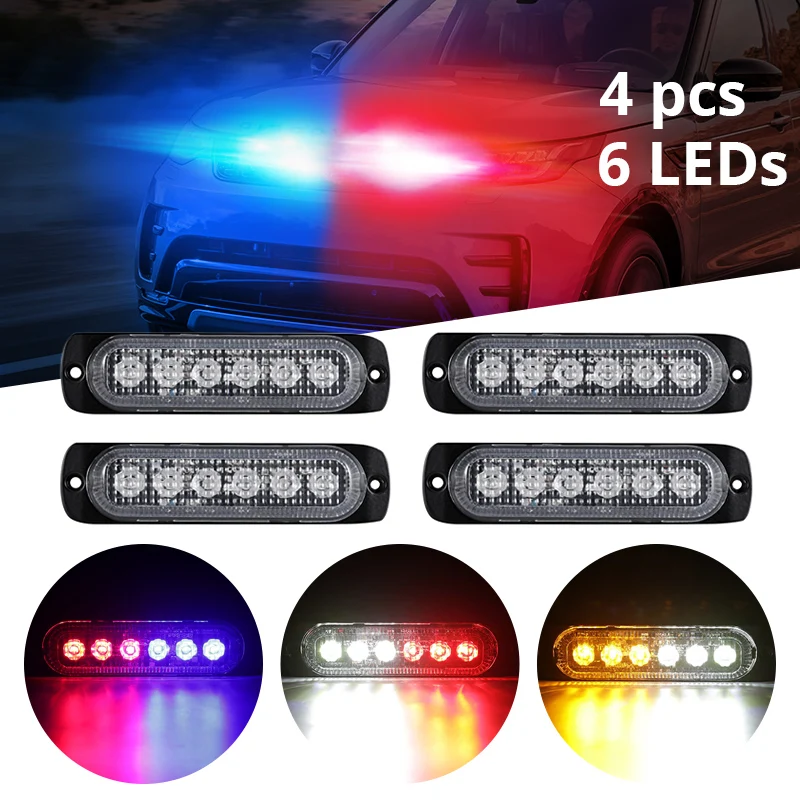 

Oslamp 4pcs/set LED Warning Light White/Red/Blue/Yellow Grille Flash Light 6 LEDs Auto Strobe Light for Fog/Rainy Emergency Lamp