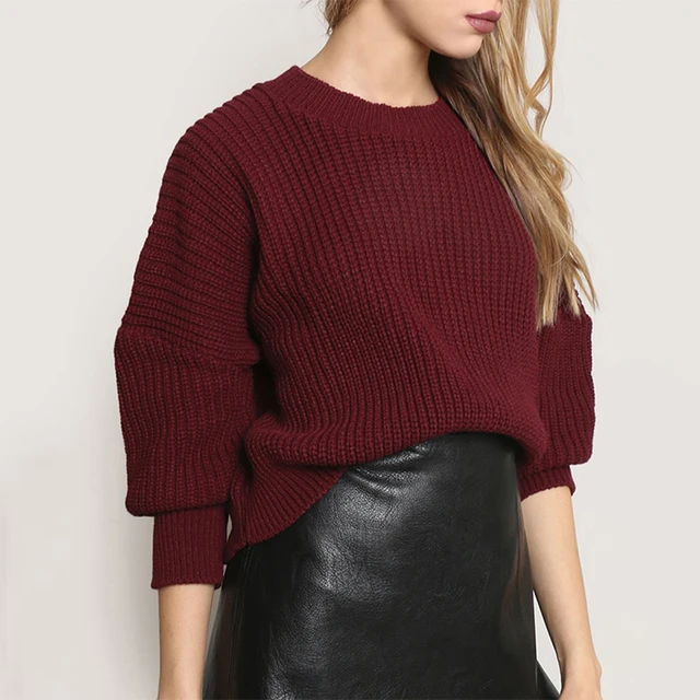 SheInGirl Women Sweater Solid Wine Red Crew Neck Long Sleeve Knitted