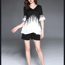 Летняя новая мода шифон женский широкий короткий рукав v-образный Вырез Свободный лоскутный с кистями футболка