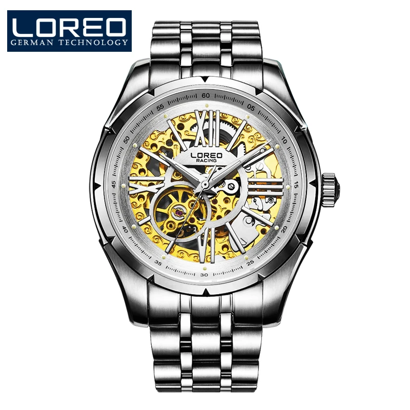 

LOREO back-side hollow automatic mechanical complete calendar scratch resistant silver stainless steel waterproof business watch