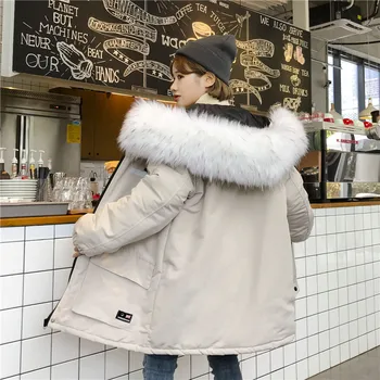 

2020 Winter Coat Women Korean New BF loose Tooling Cotton Clothing Jacket female thickening Harajuku Big Fur Collar Parkas X167