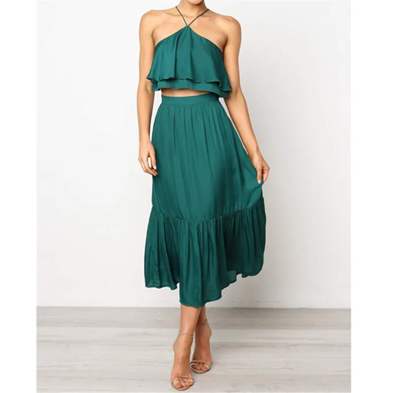 

2019 New Sexy Two Piece Set Women Crop Tops and Long Skirt High Waist A-line Skirt Set Matching Sets Summer Beach 2 Piece Set