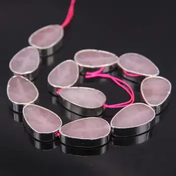 

20x30mm Natural Rose Quartzs Flat Teardrop Loose Beads,Silvers Edged Crystal Gems Slab Slice Nugget Pendant DIY Bracelet Jewelry