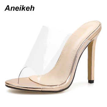 

Aneikeh Women Slippers 2019 Fashion PVC High Heeled Women Strange Heels Mules champagne Shoes Clear Open Toe Thin High Heels