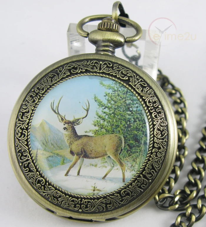 Antique 1856 Style Wild Deer Bronze Copper Mechanical Men Pocket Watch