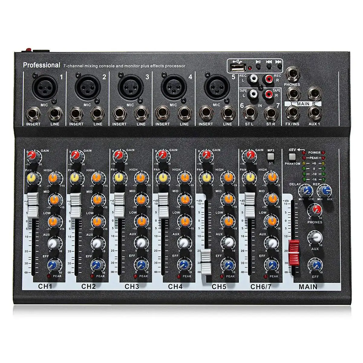 

LEORY Karaoke Mixer Professional 7 Channel Studio Audio Mixing Console Amplifier Digital Microphone Sound Mixer Sound Card