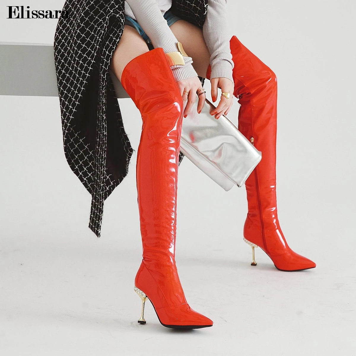 

Women Sexy High Heels Winter Over Knee Boots Shoes Woman Zip Glitter Patent Leather Thigh High Boots Shoes Size 33-43 Elissara