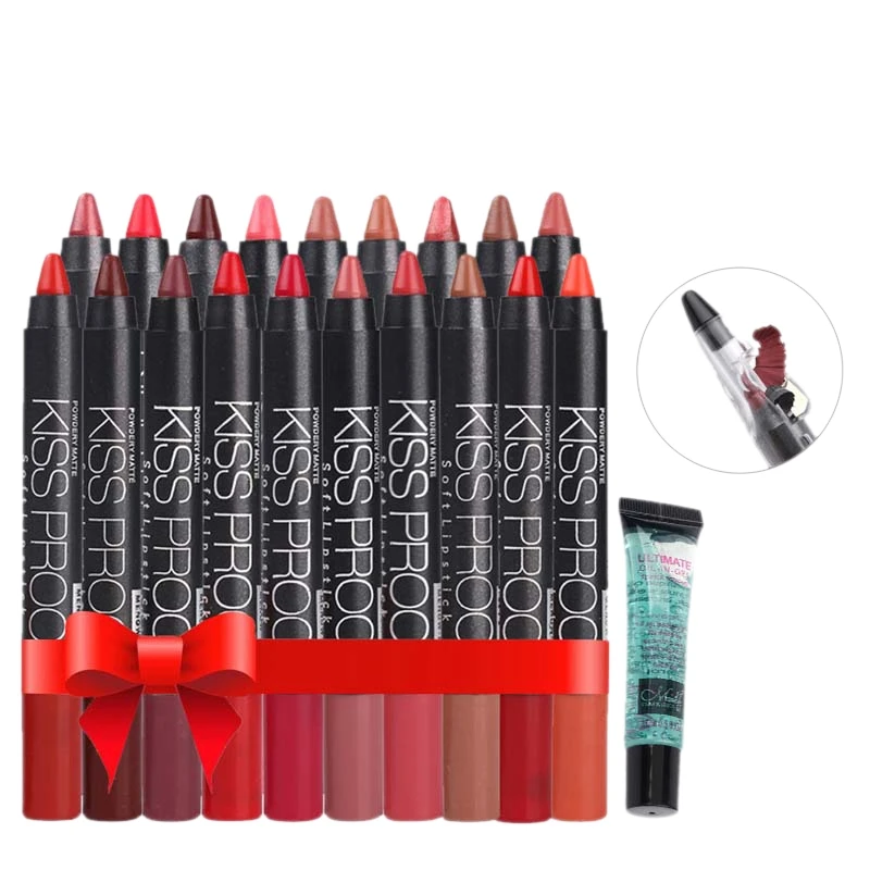 

MENOW Make up set 19 Color/Pack Kiss proof Waterproof Lipstick Gift 1Pcs Pencil sharpener and 1Pcs Remover gel drop ship 5367