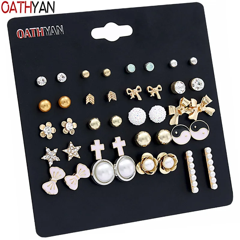

OATHYAN 20 Pairs/Set Trendy Gold Color Metal Flower Rhinestone Star Stud Earrings Set Mix For Women Enamel Cross Bowknot Earring