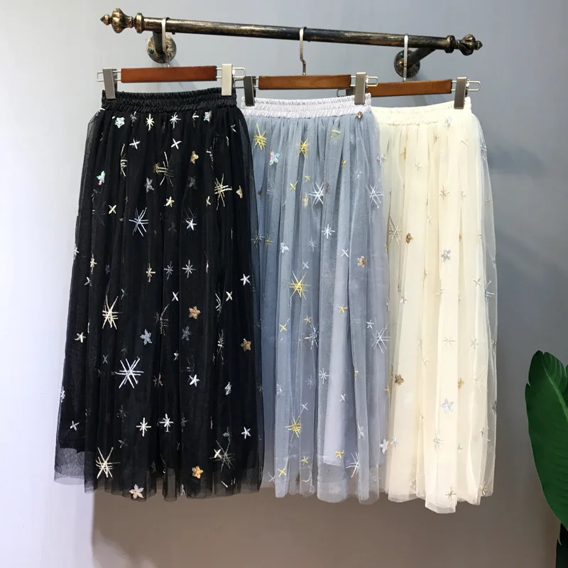 

Spring Summer Midi Skirts Womens Elastic High Waist Embroidery 2019 Korean Tulle Skirt Falda Tul Mujer Artka Rokken Tule Rok Hot