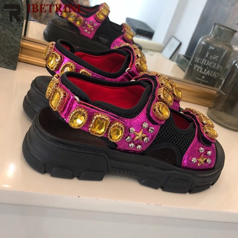 

RIBETRINI 2019 New Summer Brand Design Crystal Platform Sandals Women Decorating Girl Fashion Footwear Women Casual Shoes Woman