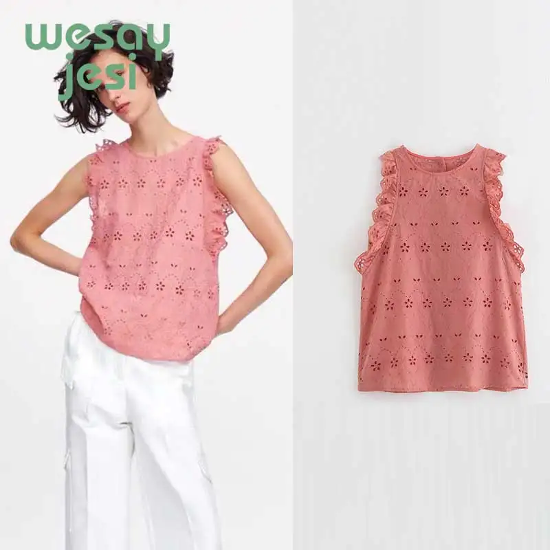 

2019 new summer sleeveless embroidery ruffles hollow out kimono blouse womens tops and blouses