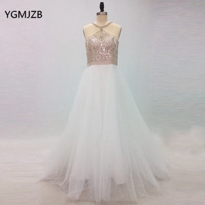 

White Evening Dress Long 2018 A-line Bling Beaded Crystal Sexy Backless Formal Party Evening Gown Prom Dress Robe De Soiree