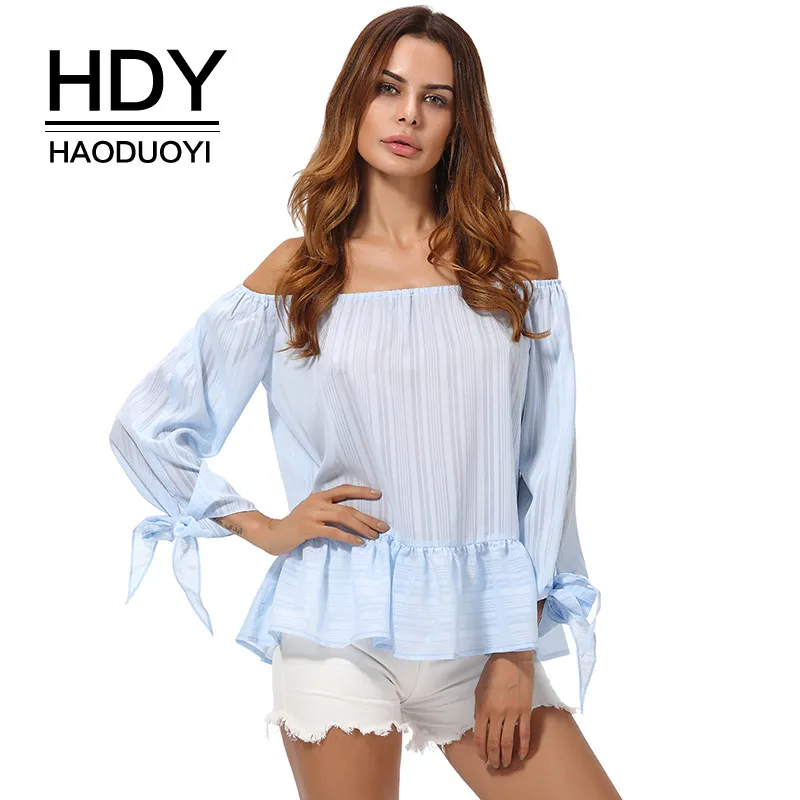 HDY Haoduoyi синяя полосатая блузка для женщин с вырезом лодочкой и оборками