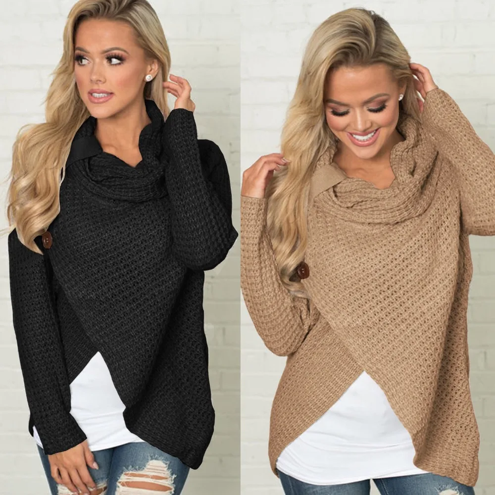 

Women Loose Casual Knitted Sweaters Scarf Collar Long Sleeve Irregular Sweater Autumn Winter Outerwear Female Pullover Tops