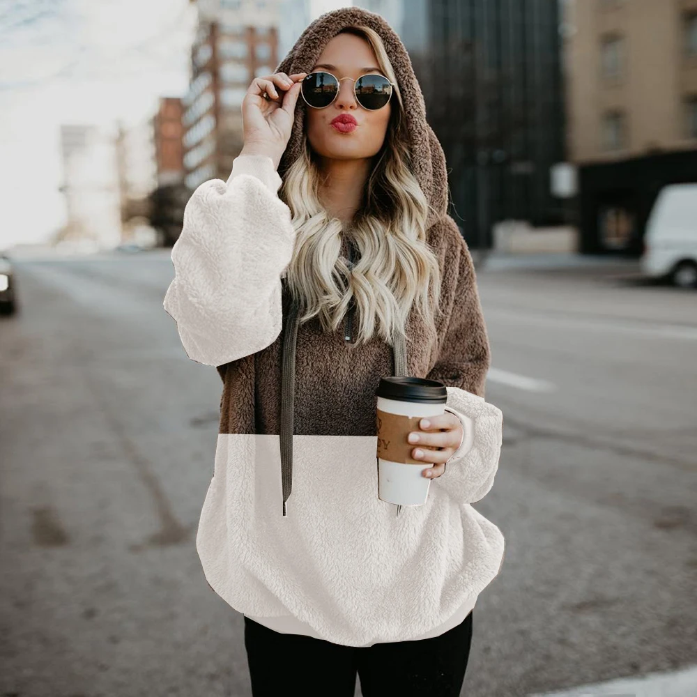 

New Women Hoodies Zipper Girl Winter Loose Fluffy Patchwork Hoodie Streatwear Hooded Jacket Warm Outerwear Coat Cute Sweatshirt