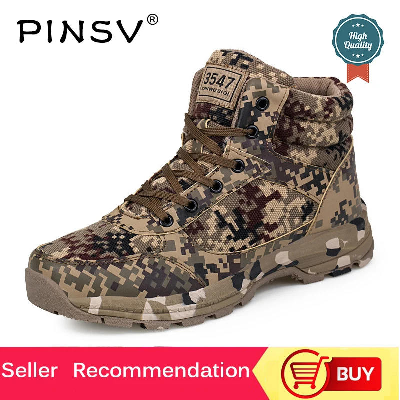 

PINSV Winter Tactical Military Boots Men Lace-Up Camouflage Military Shoes Men Ankle Boots Plush Mens Army Shoes Plus Size 39-46