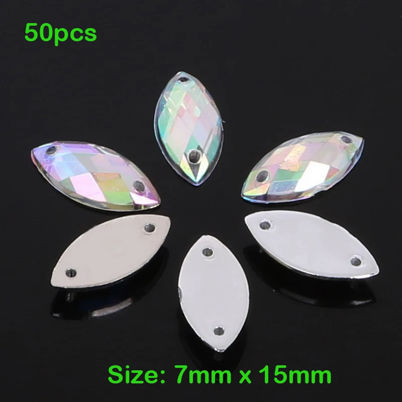 

50pcs/lot 7mm*15mm Horse Eye Crystal Stone Sew On Rhinestone 2 Holes Sliver Flatback Acrylic Jewelry For Wedding Dress Clothes