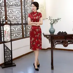 2019 vestido rojo chino tradicional vestido satinado Qi Pao винтажный Чонсам розовая одежда estilo Восточная vestidos de impresión