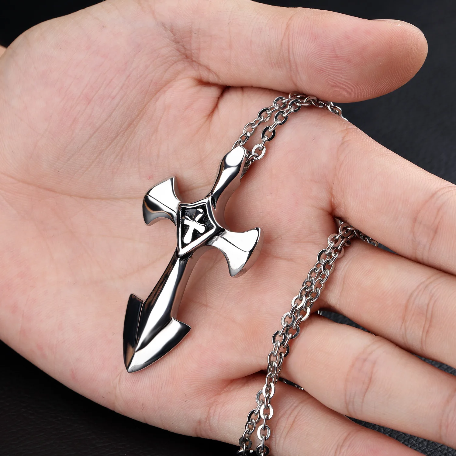 Stainless Steel Crusades Cross Pendant Men Necklace Punk Rock Style With 50cm Link Chain Polishing Jewelry Gift