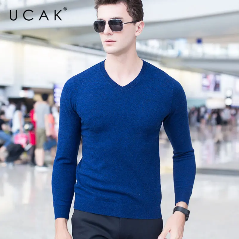 UCAK Brand Sweater Men Classic Casual V-Neck Pull Homme Pure Merino Wool Pullover Men Autumn Winter Soft Cashmere Sweaters U3005