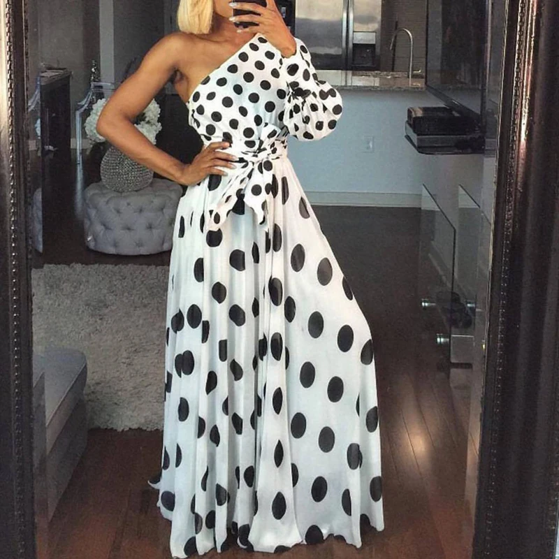 

Fashion Ladies Polka Dot One Shoulder Maxi Summer Long White Dress Female Evening Party Dresses Woman Party Night Plus Size S-XL