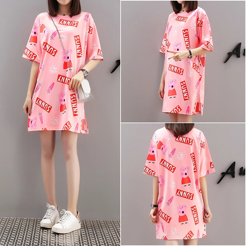 

2019 European Popular Logo Printed Page The Pig In Thailand Spring Summer With Short Sleeves Loose Long T-shirt In Personality