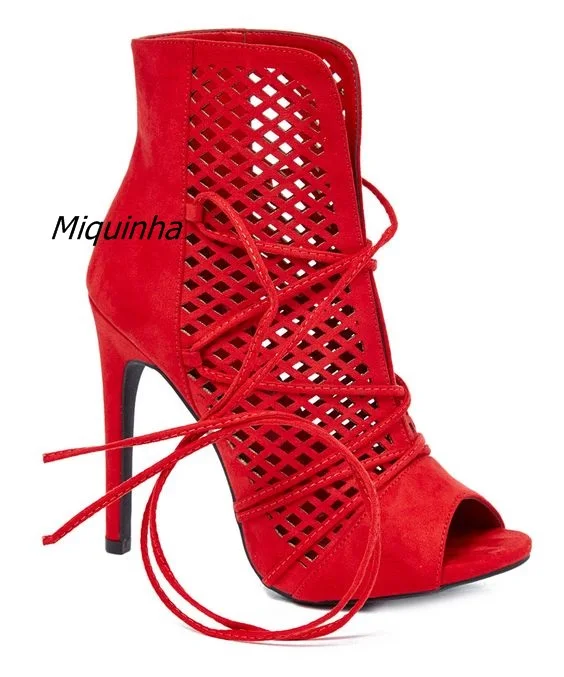 

Trendy Style Cut-out Lace Up Booties Pretty Red Suede Open Toe Stiletto Heel Dress Shoes Women New Fashion Summer Ankle Boots