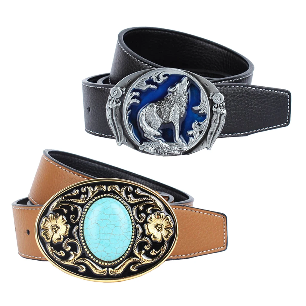 

2pcs Leather Waist Strap Belts Mens Womens Turquoise Flower Buckle Waistband