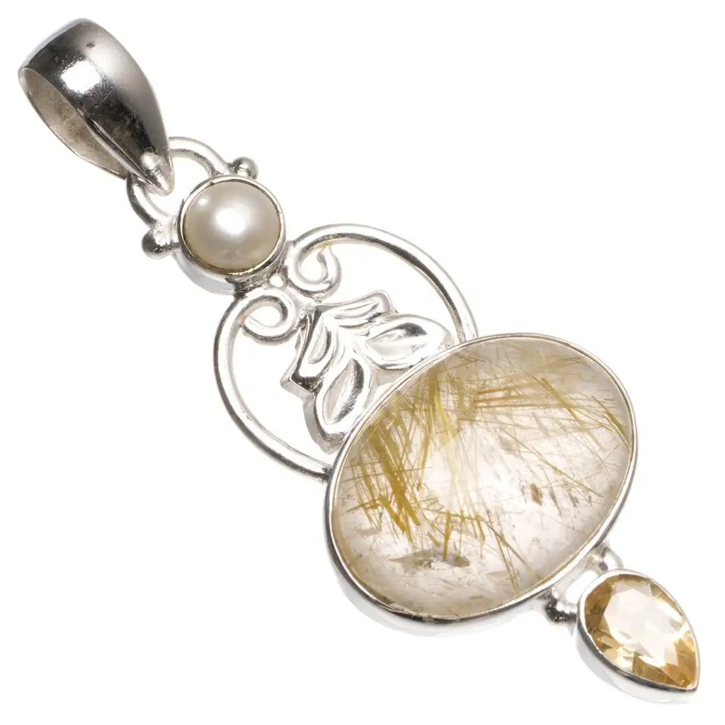 

Natural Rutilated Quartz,Citrine and River Pearl Mexican 925 Sterling Silver Pendant 2" T0146