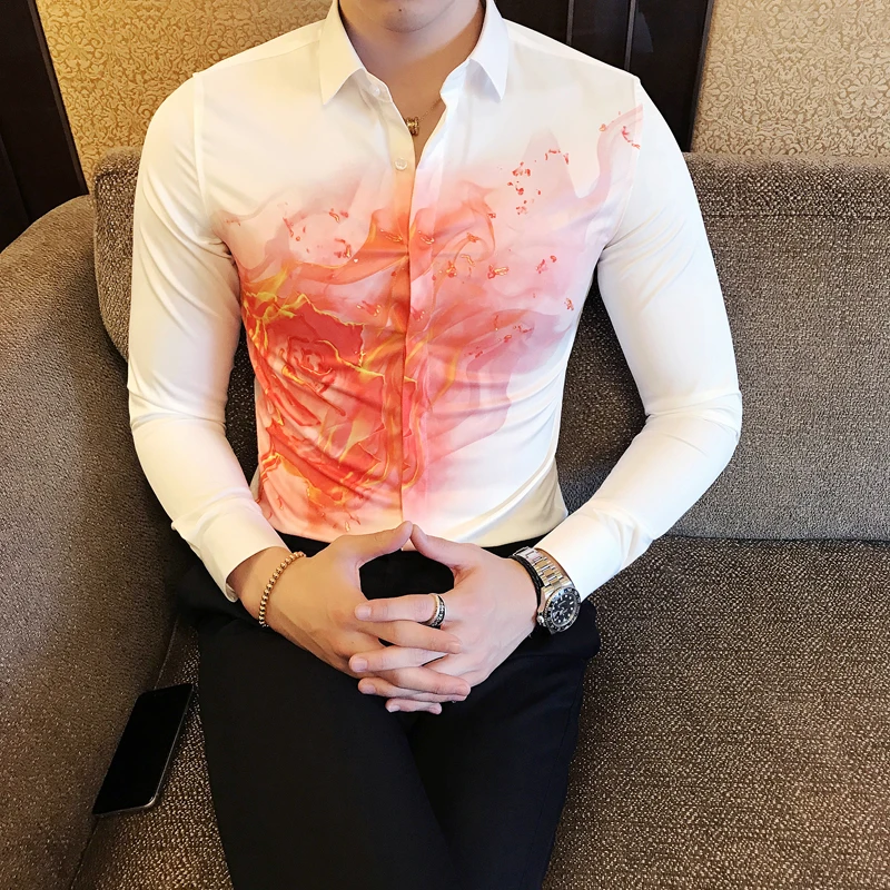 Meilleur 2019 Nouveau Hommes Chemise Simple Streetwear Chemise Homme Feu Impression Chemise Hommes À Manches Longues Toutes Les Sélections Camisa Masculina Slim Fit robe