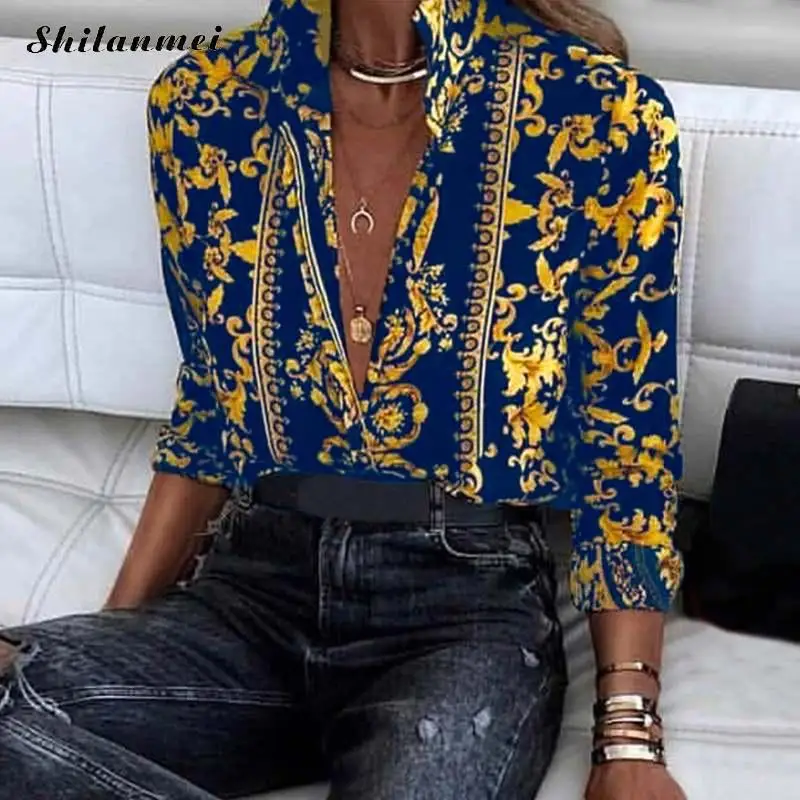 

Women Blouses 2019 Spring Summer Vintage Printing Shirts Long Sleeve Deep V Neck Plus Size Women Tops Sexy Causal Blusas 5XL 4XL