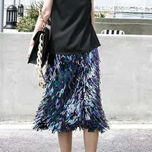 Для женщин на лето и весну юбки с пайетками Ленточки до середины икры Повседневное модные, пикантные NighClub вечерние блестящие прямой с высокой талией юбки