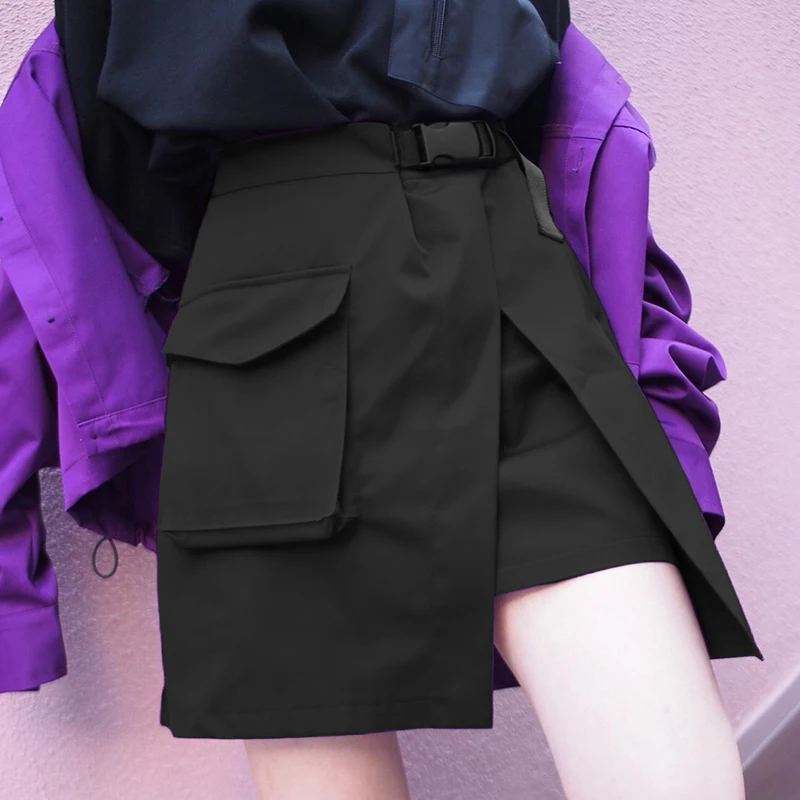 Рапкоптер, Женская мини-юбка с пряжкой, пояс с подкладкой и карманом, женская мода, высокая эластичная талия, уличная одежда, черные трапециевидные юбки