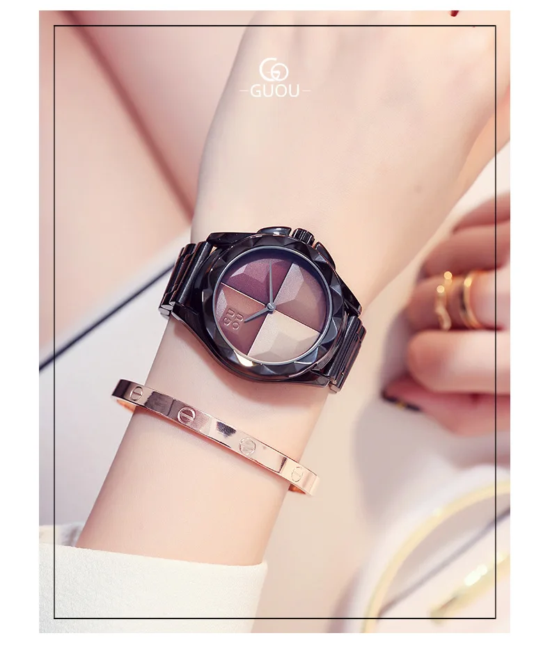 Guou Роскошные брендовые модные черные стальные Простые Подарочные наручные часы для девушек женские кварцевые часы женские наручные часы Reloj Mujer - Цвет: Кофе