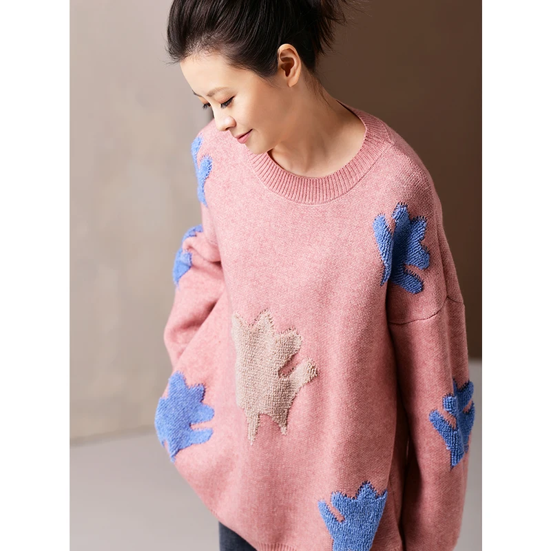 

M2163 Cultural large size round neck and long sleeve matching color, thickened pink loose sweater