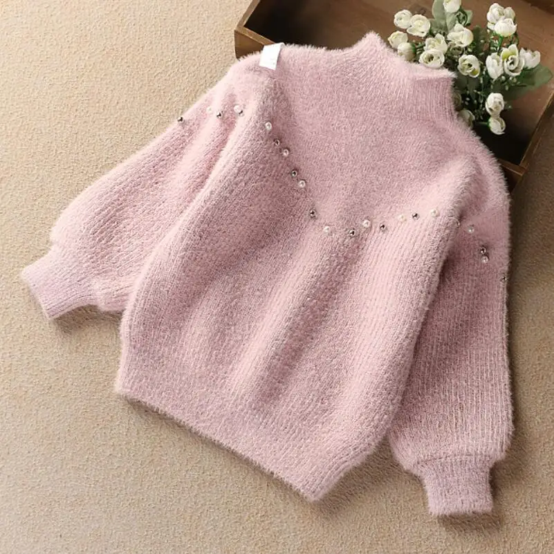 Г. Свитера для девочек-подростков; топы; Весна-Осень-зима; вязаный детский свитер с длинными рукавами и жемчужинами для девочек; детская одежда - Цвет: pink kids sweaters