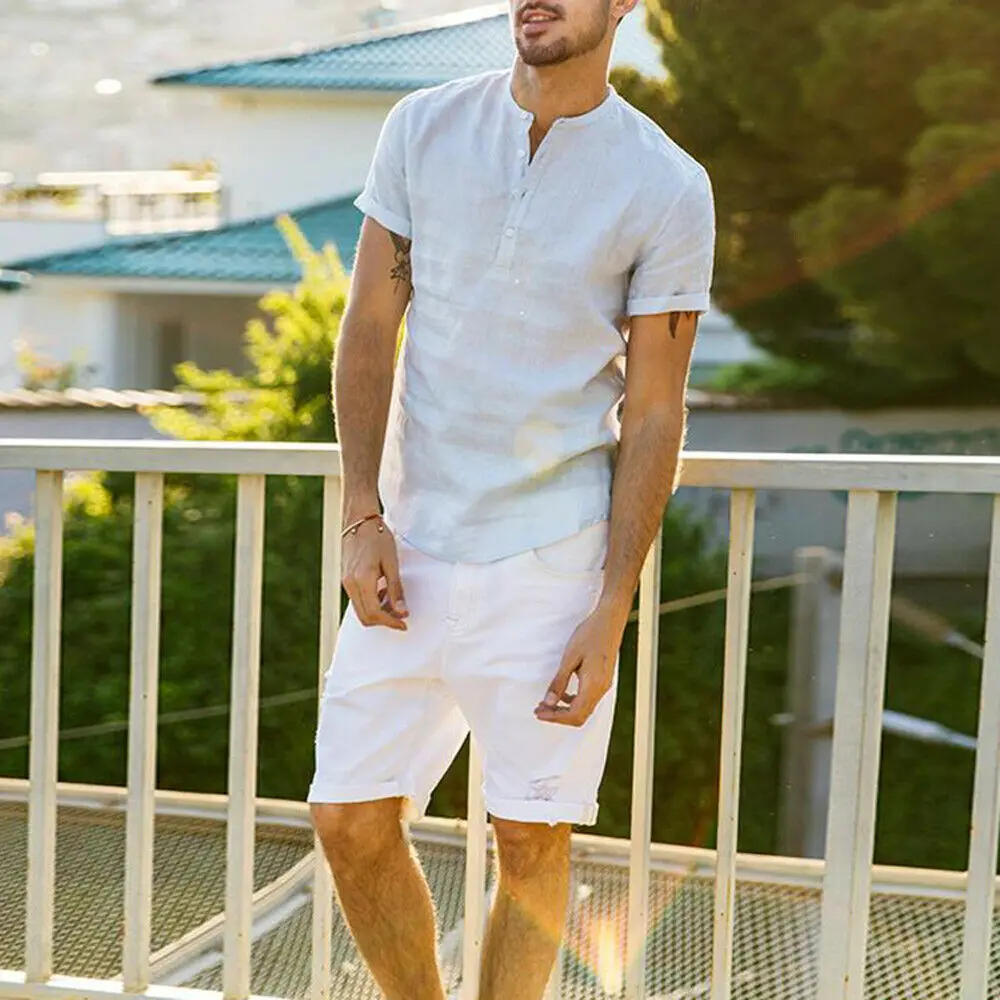 Vantage Men Casual Short Sleeve Summer Shirts Fashions Male Loose Button-up Vneck Camisa Social Masculina | Мужская одежда